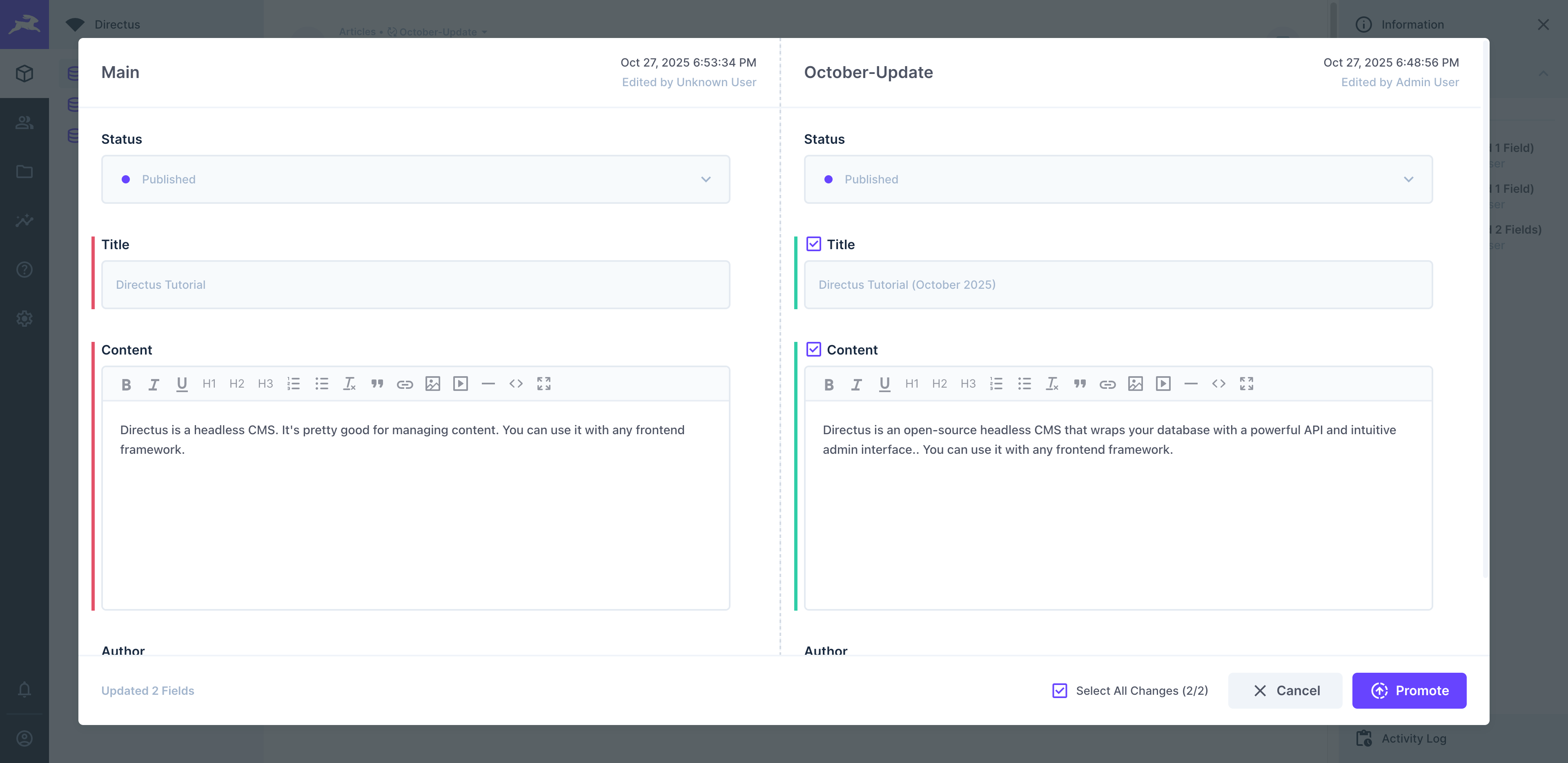 Promoting a version, comparing its changes